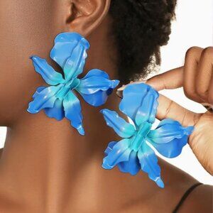 NEW Naiya Blue Tropical Flower Orchid Statement Earrings
